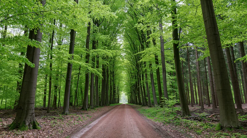 Dirt road winding through dense beech forest in spring, flanked by tall trees with fresh green foliage