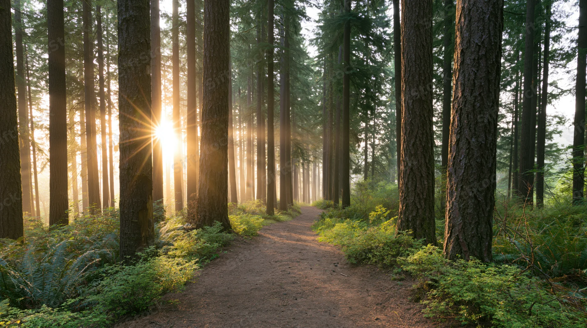 Dirt path winding through tall redwood trees with sunlight filtering through the canopy at dawn