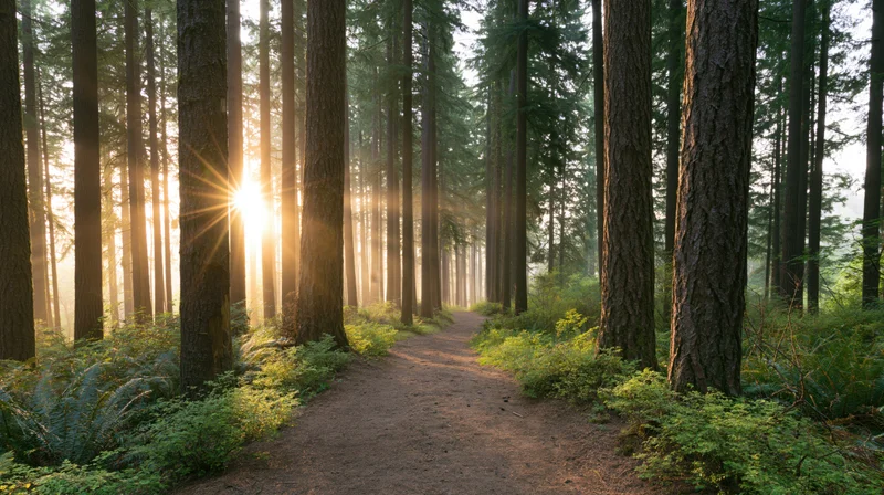 Dirt path winding through tall redwood trees with sunlight filtering through the canopy at dawn