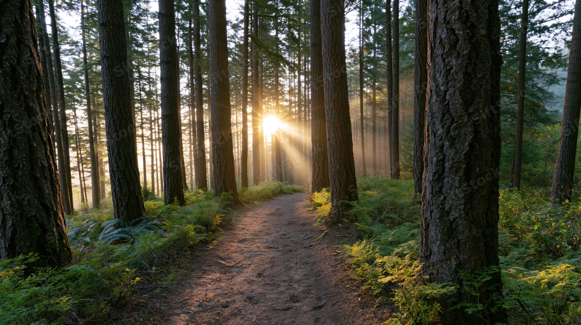 Dirt path winding through tall pine trees in a forest at dawn with sunlight streaming through the trees