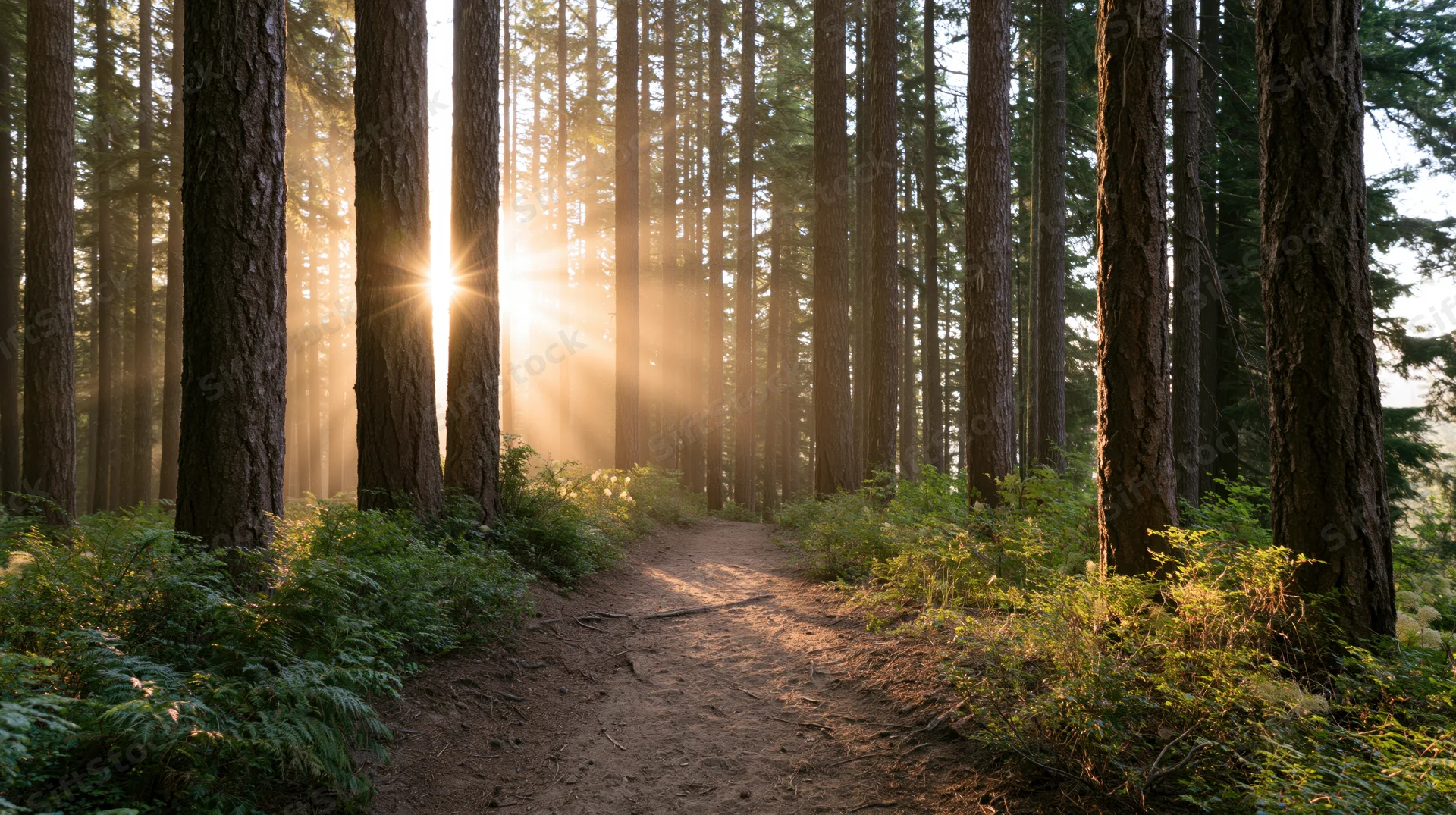 Dirt path winding through redwood forest with sunlight filtering through trees at morning