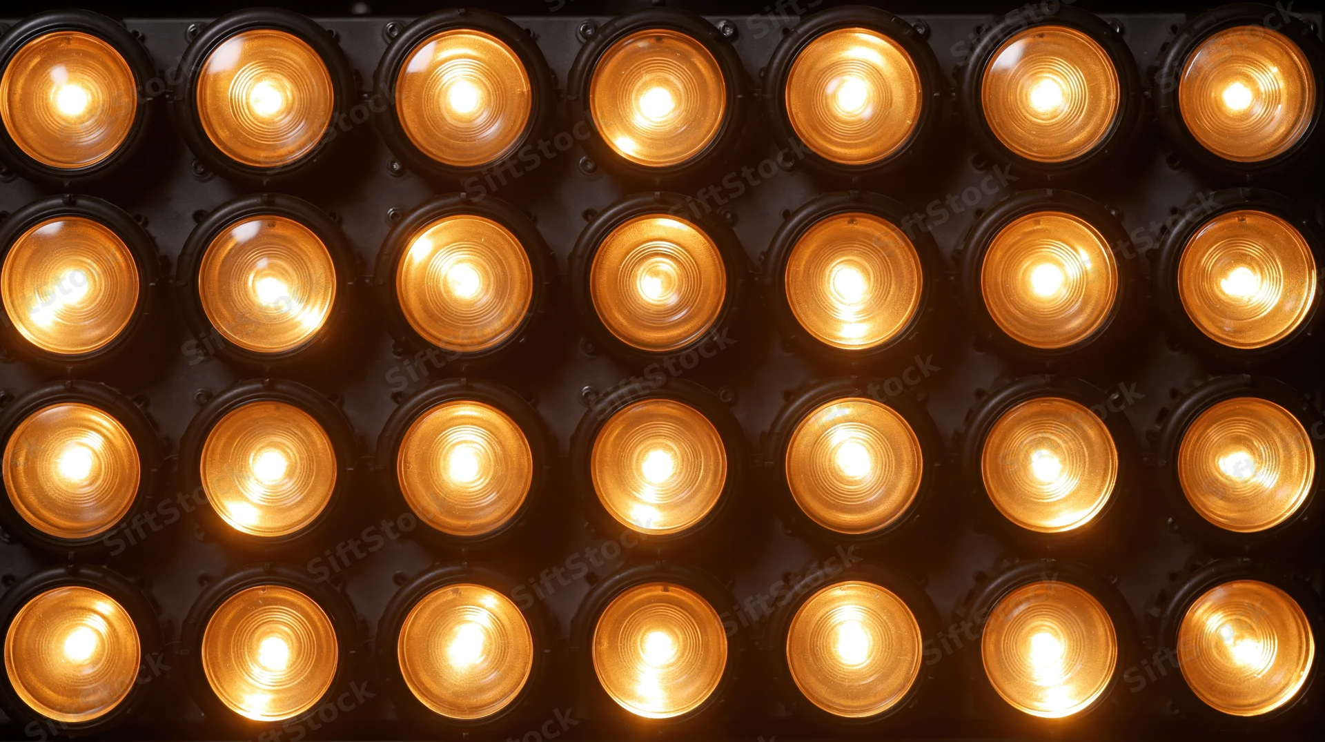 Grid of warm glowing light bulbs arranged in rows on a dark panel