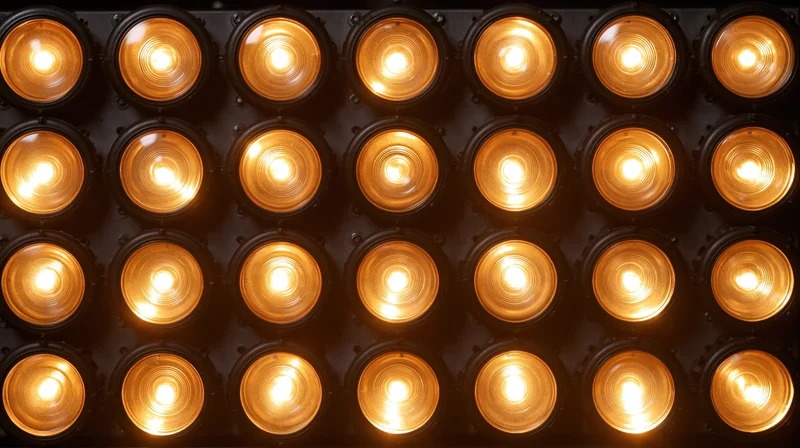 Grid of warm glowing light bulbs arranged in rows on a dark panel