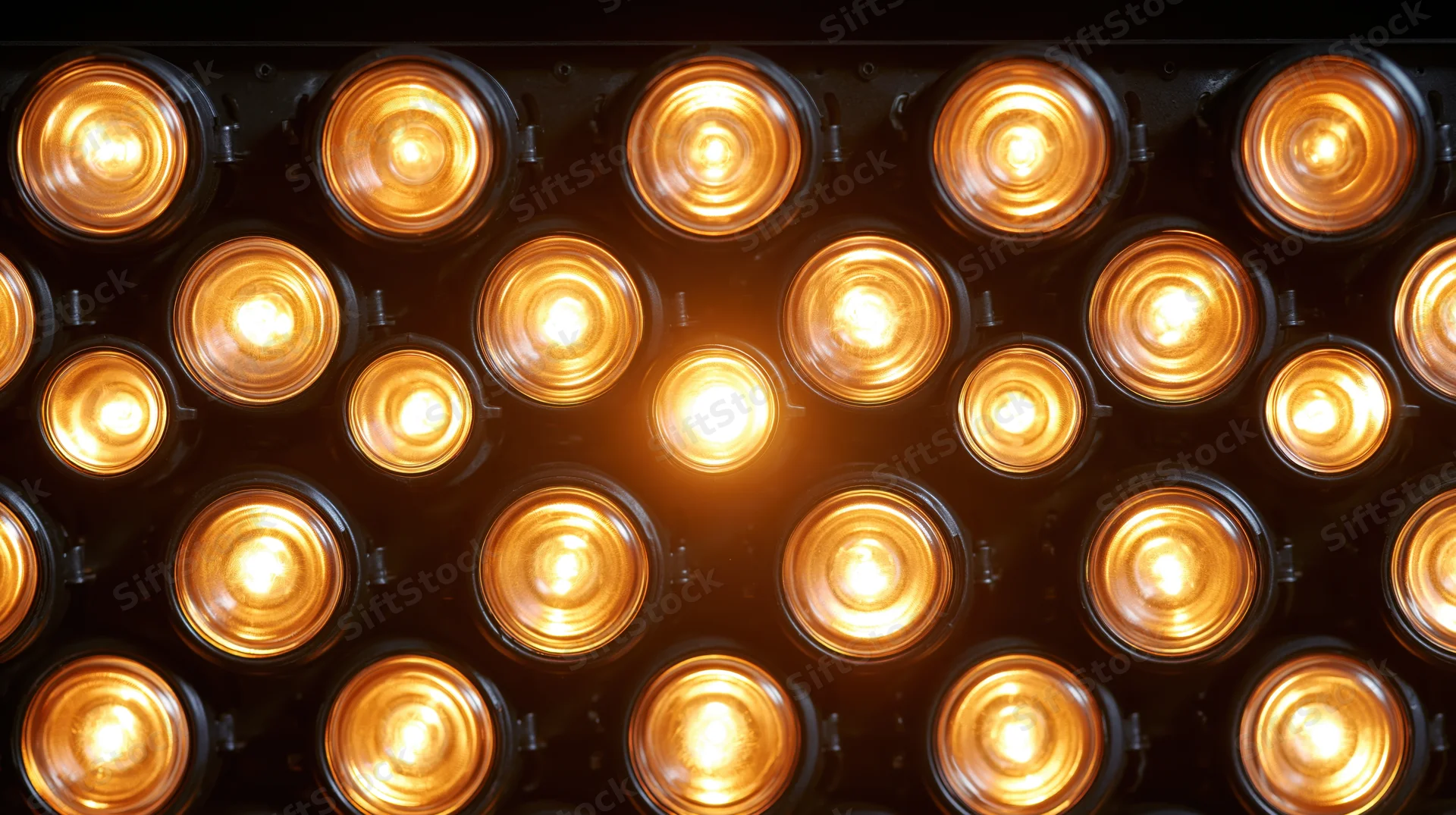 Grid of illuminated lightbulbs arranged in rows on a dark panel