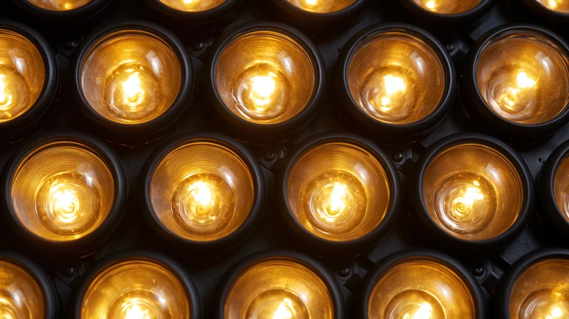 Grid of illuminated amber lightbulbs arranged in rows on a black fixture