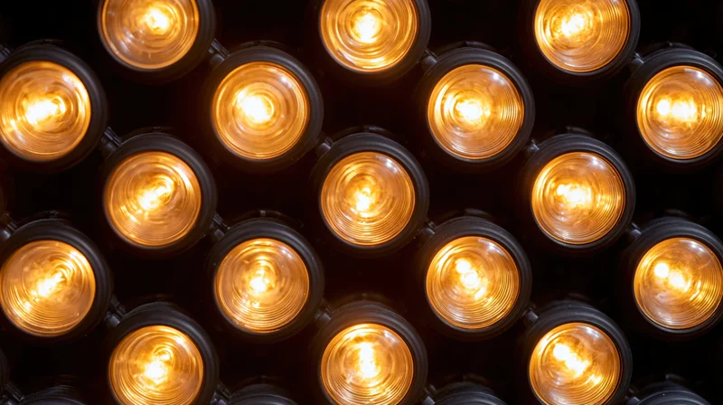 Grid of illuminated warm amber lightbulbs arranged in a repeating pattern on a dark surface
