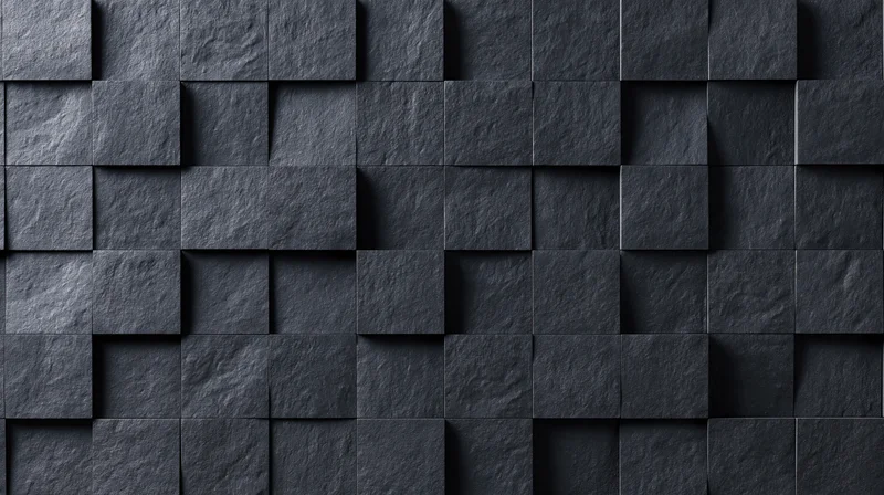 Black stone tiles arranged in a geometric pattern on a wall surface