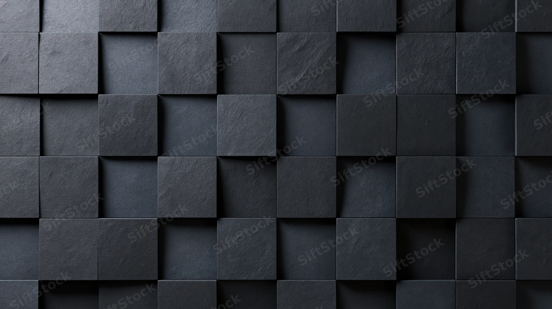 Dark geometric pattern of raised black squares arranged in a grid on a textured wall