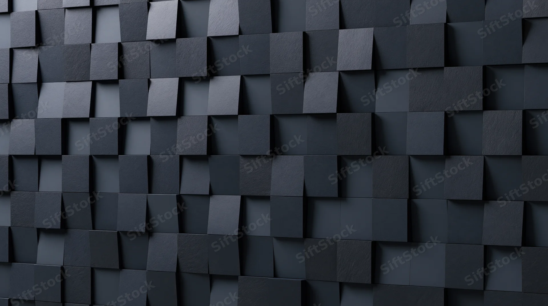 Dark geometric cubes arranged in a staggered 3d pattern on a wall surface