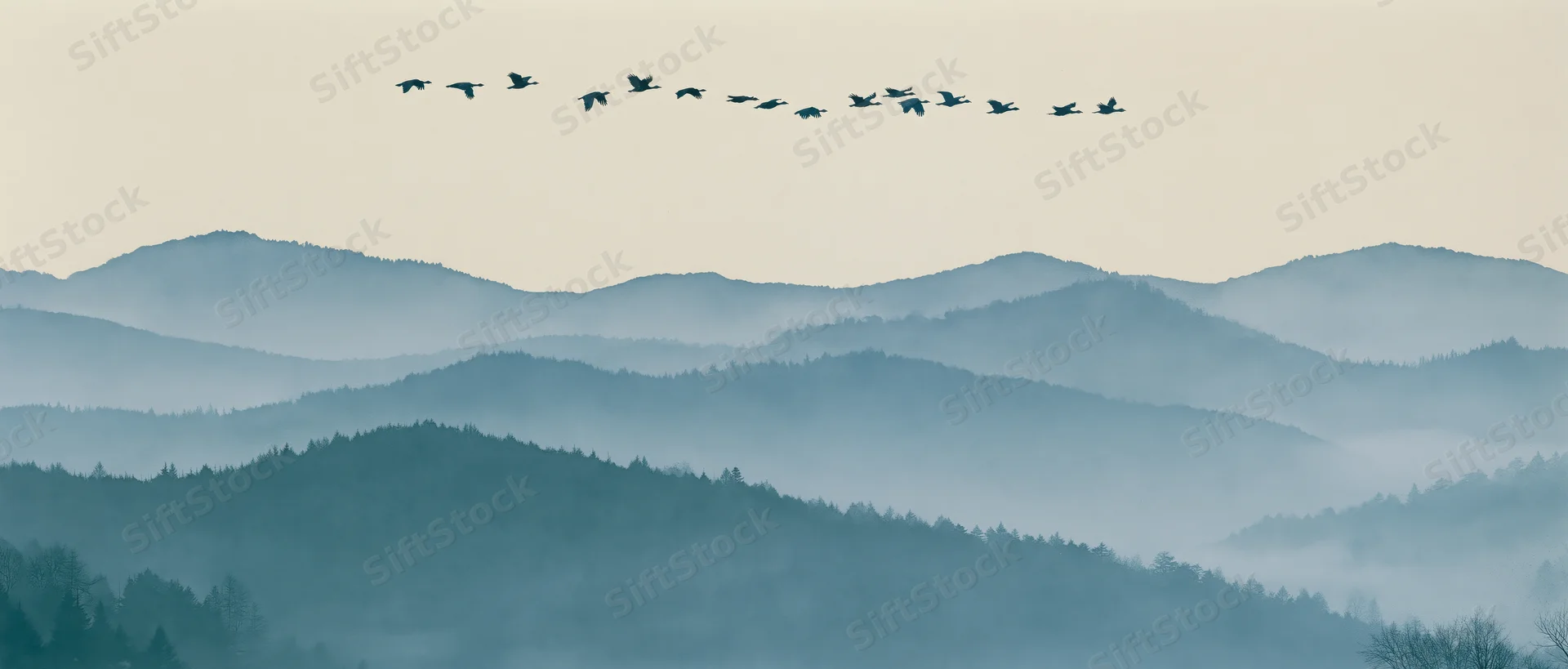 Geese flying in v-formation over misty layered mountains at dusk