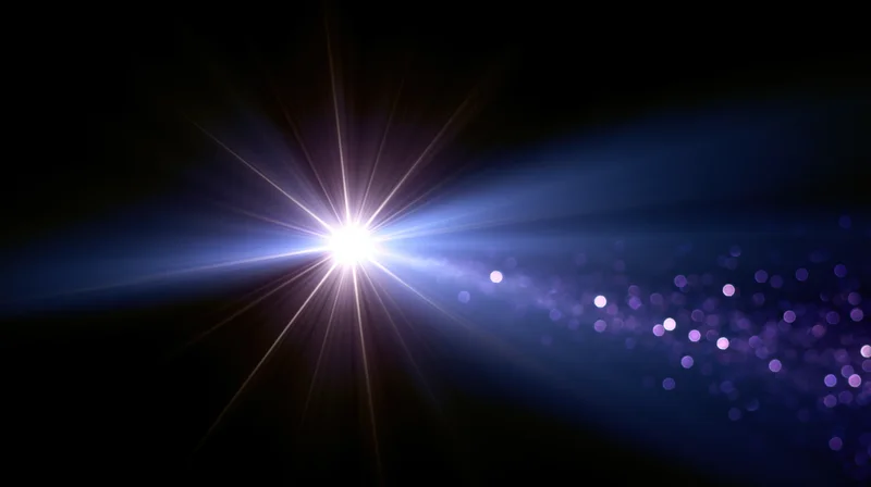 Bright starburst light radiating across dark background with purple bokeh particles