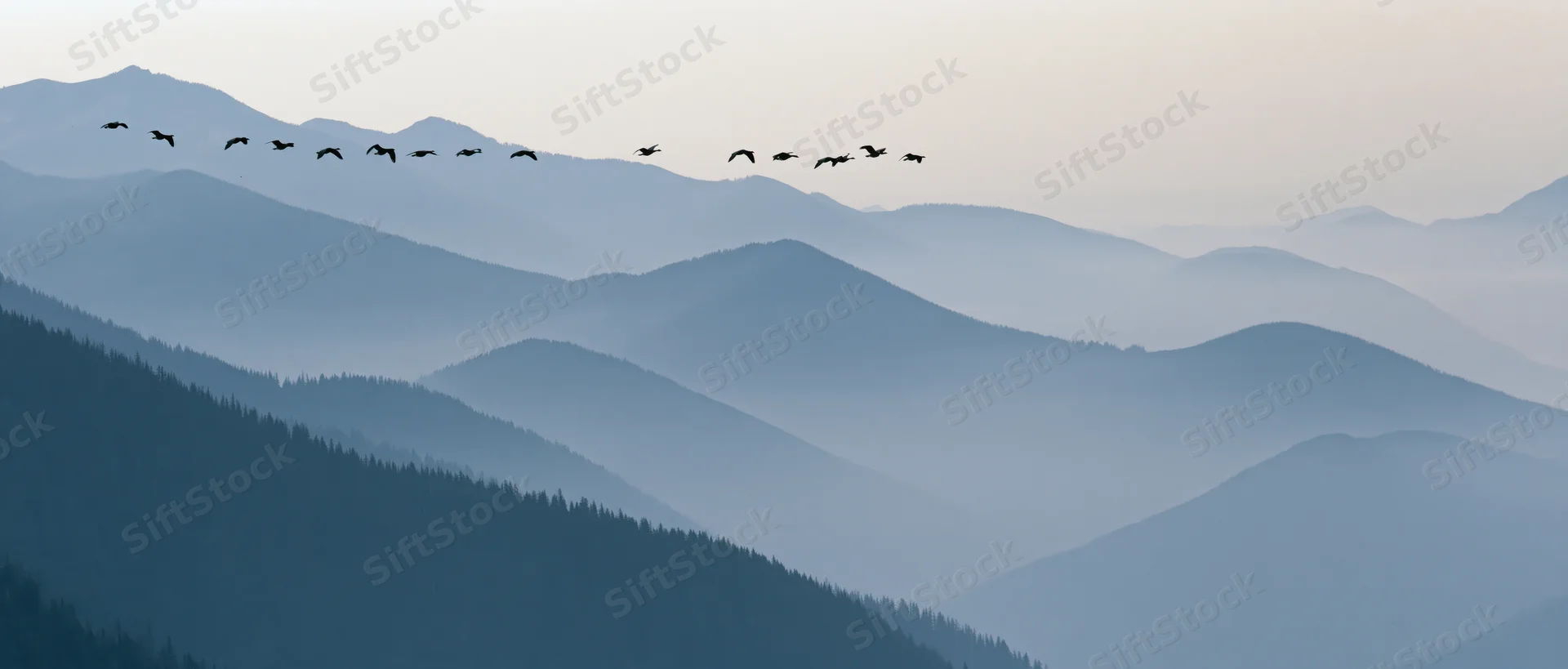 Birds flying in formation over layered mountain ranges in misty valley