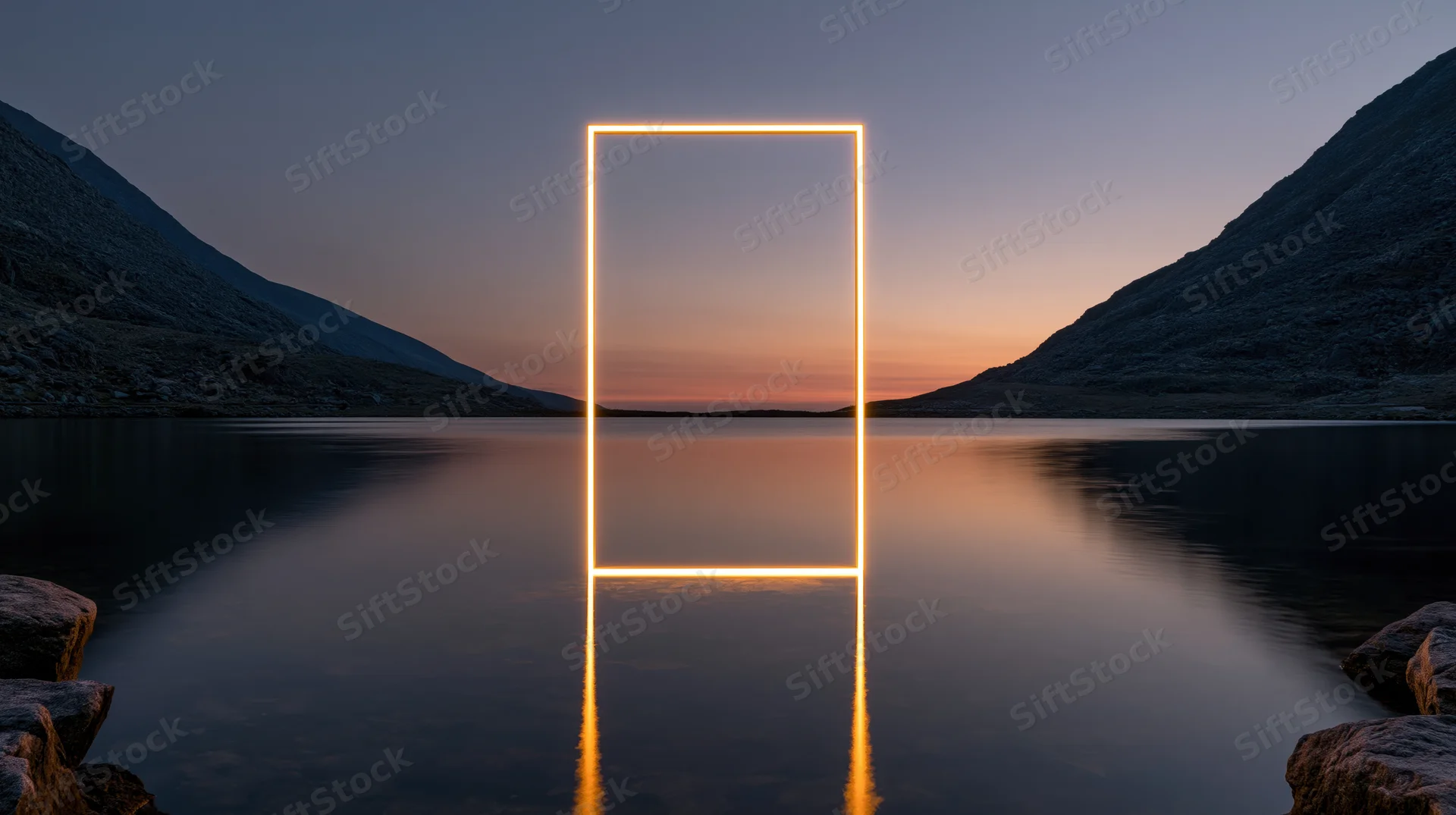 Glowing rectangular frame reflected in calm lake between mountains at sunset