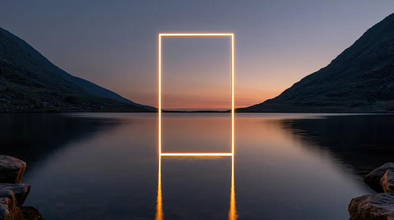 Glowing rectangular frame reflected in calm lake between mountains at sunset