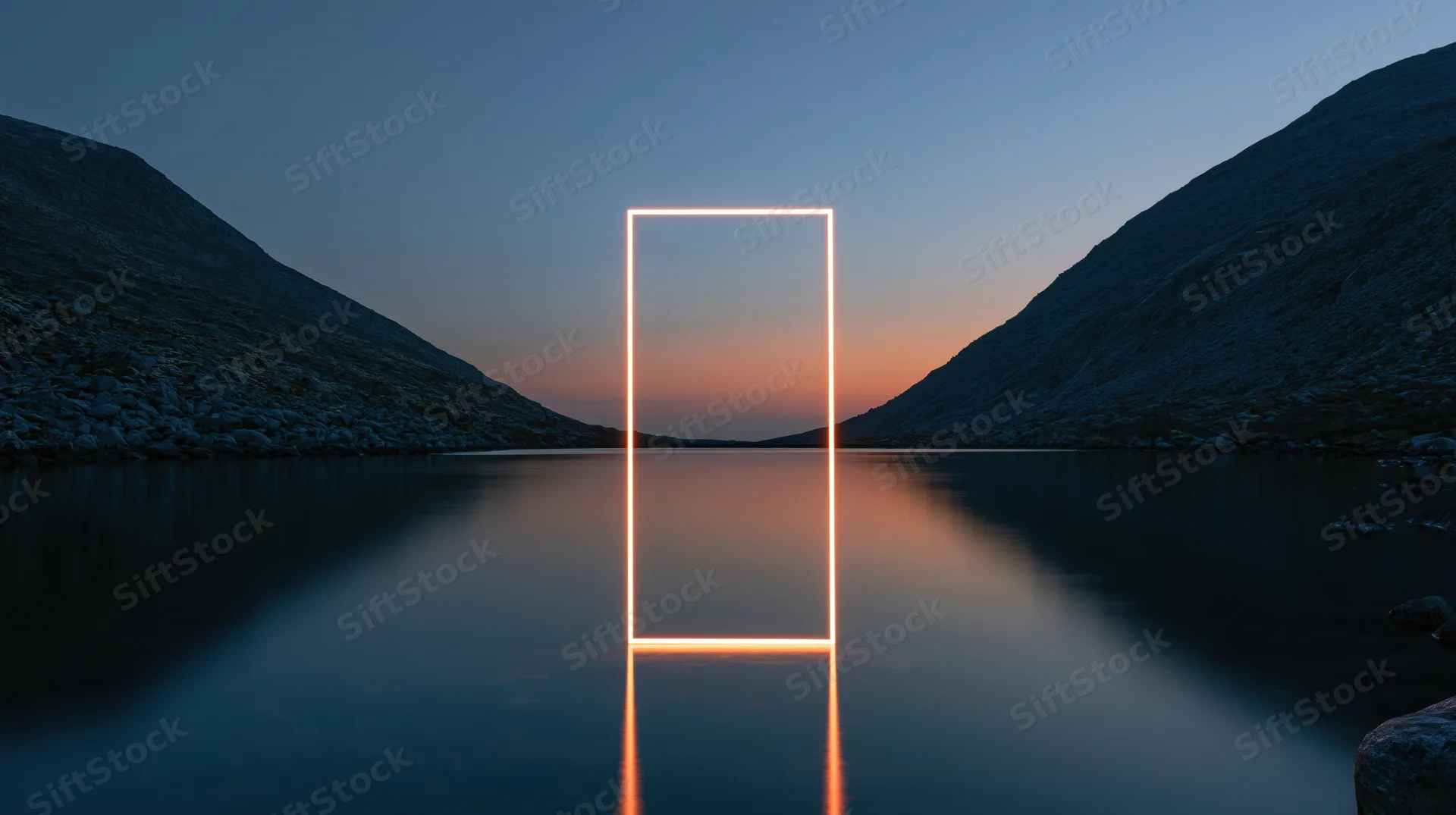 Glowing rectangular frame standing in a calm lake between mountains at twilight