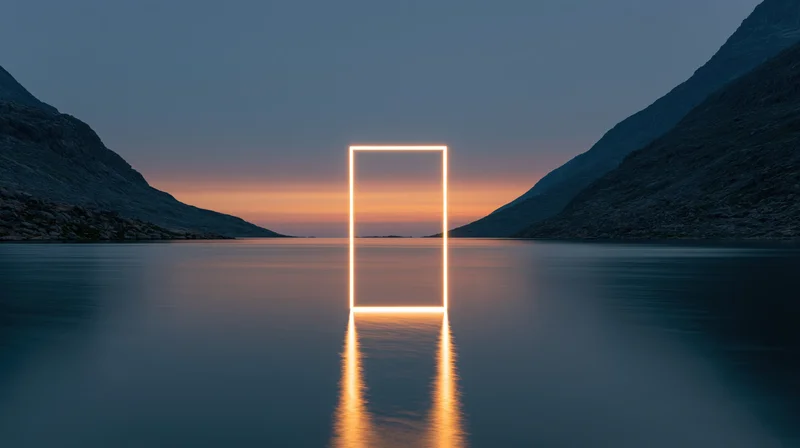 Glowing rectangular light frame standing in still lake water between mountains at twilight