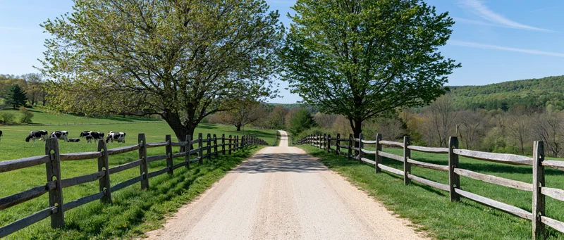 Cows grazing in a green pasture beside a dirt road lined with split-rail fences and trees