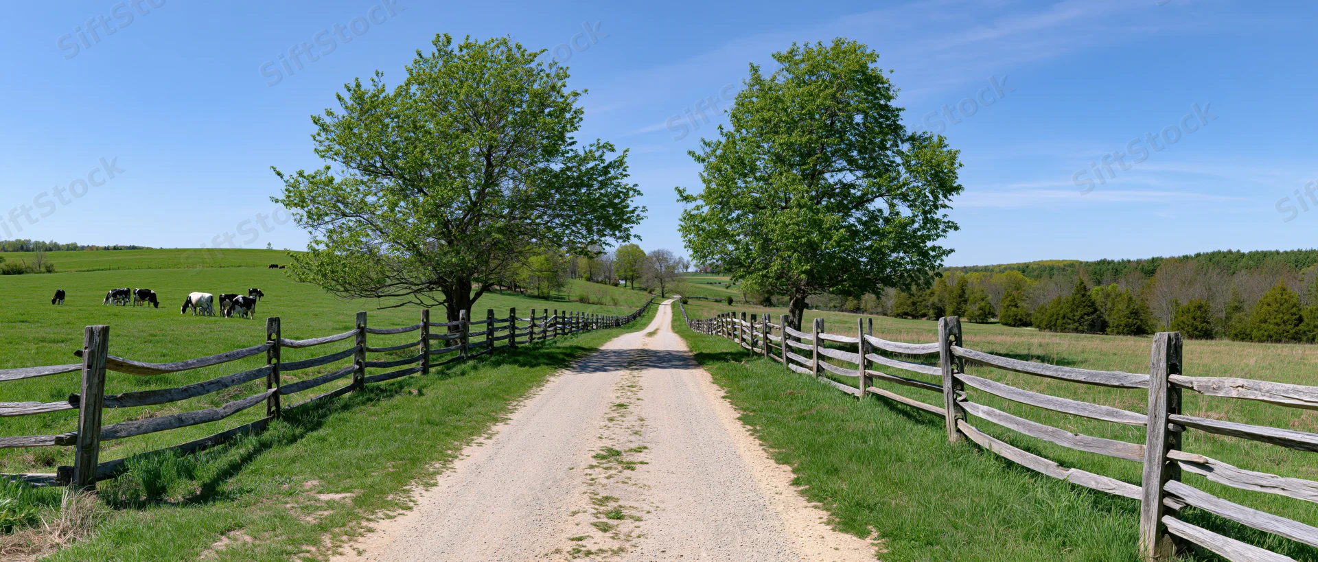 Gravel path lined with splitrail fences through green pasture with grazing cows under blue sky