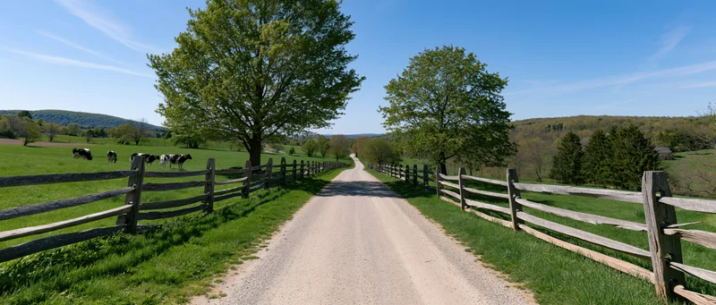 Dirt road lined with splitrail fences and trees leading through a green pasture with grazing cows under a blue sky