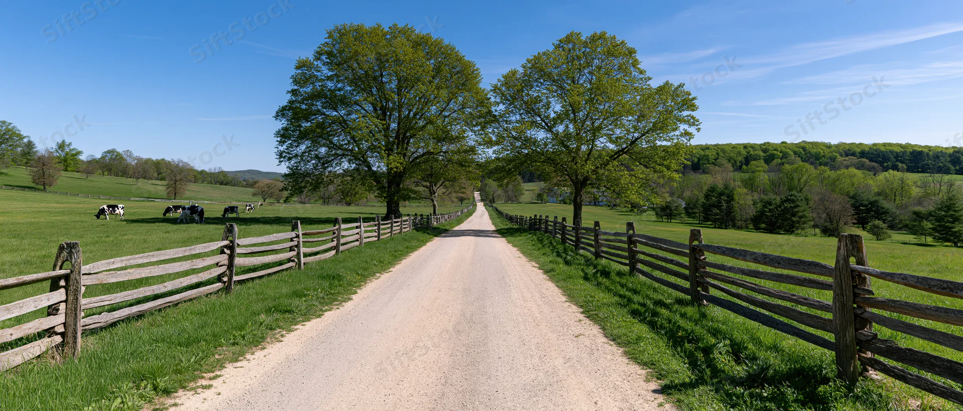 Gravel road lined with splitrail fences and trees leading through a green pasture with grazing cows