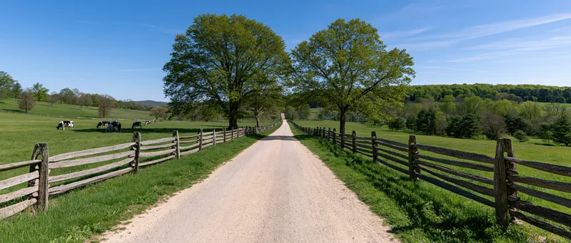 Gravel road lined with splitrail fences and trees leading through a green pasture with grazing cows
