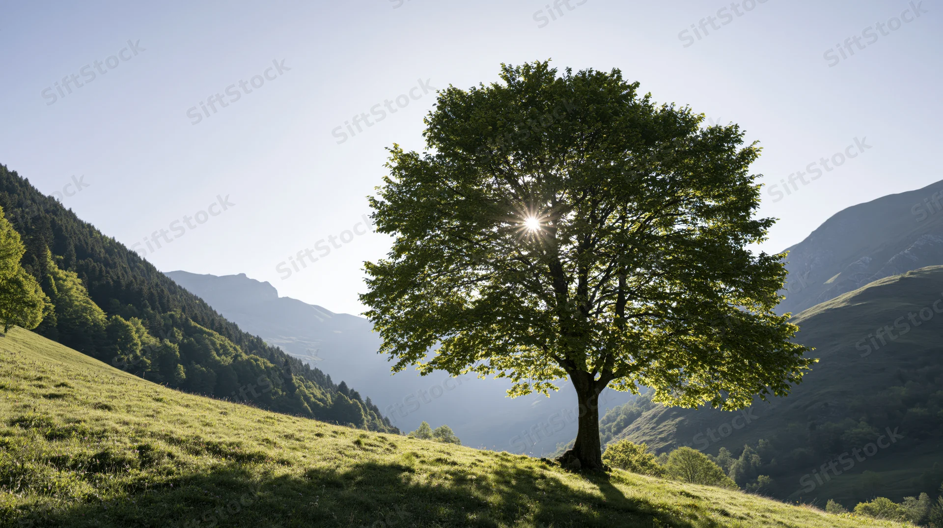 Solitary tree on a grassy hillside with sunlight filtering through its leaves, surrounded by mountains and valleys