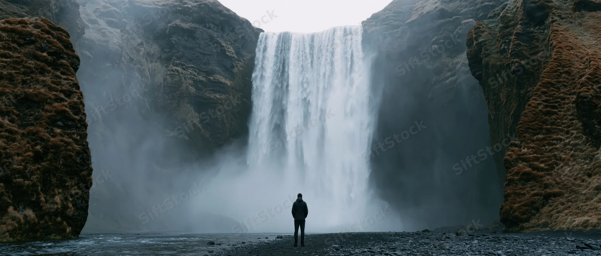 Man standing before a large waterfall in a rocky canyon, surrounded by mist and spray