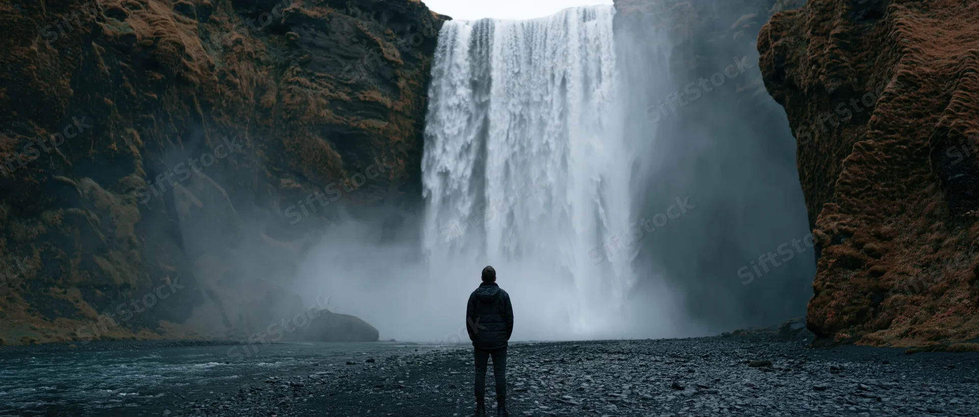 A person standing on black gravel facing a large waterfall in a rugged volcanic landscape