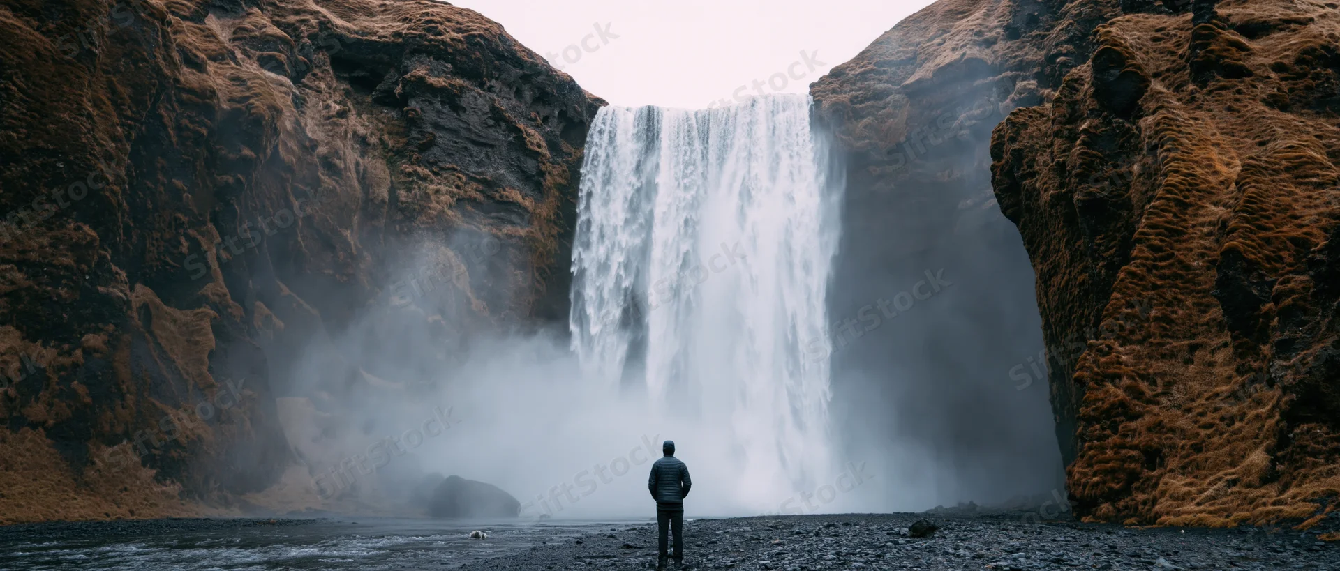 Man standing before a large waterfall in a rocky canyon, surrounded by mist and volcanic rock formations