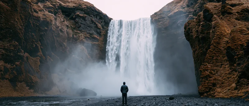 Man standing before a large waterfall in a rocky canyon, surrounded by mist and volcanic rock formations