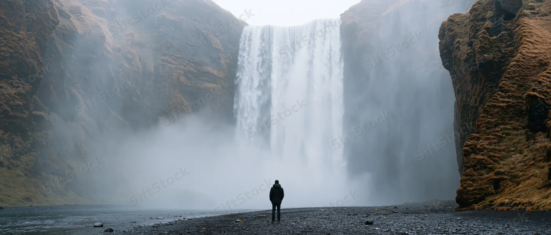 Person standing before a large waterfall in a misty rocky landscape