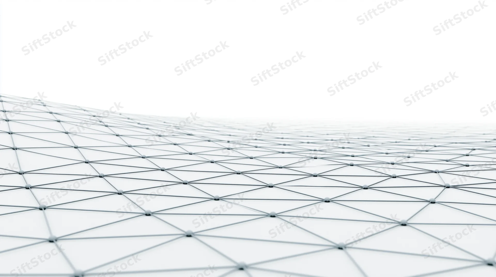 A white wireframe grid of interconnected nodes forming a triangular mesh surface with copyspace above