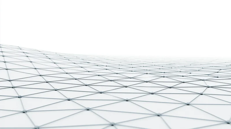 A white wireframe grid of interconnected nodes forming a triangular mesh surface with copyspace above