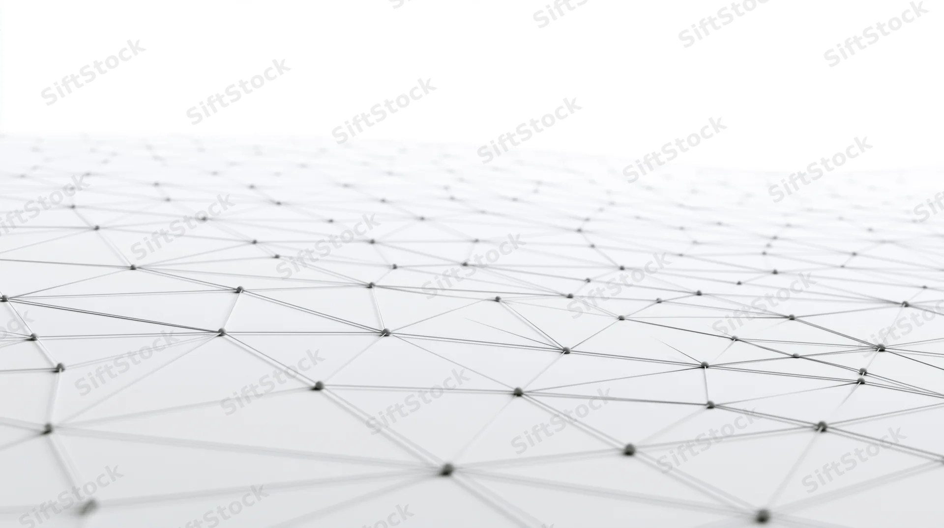 A white wireframe network of connected nodes forming a geometric surface with copyspace