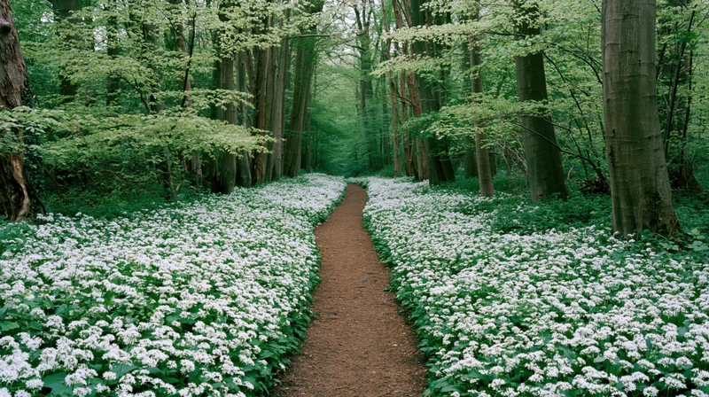 A narrow dirt path winds through a dense forest carpeted with white blooming flowers in spring