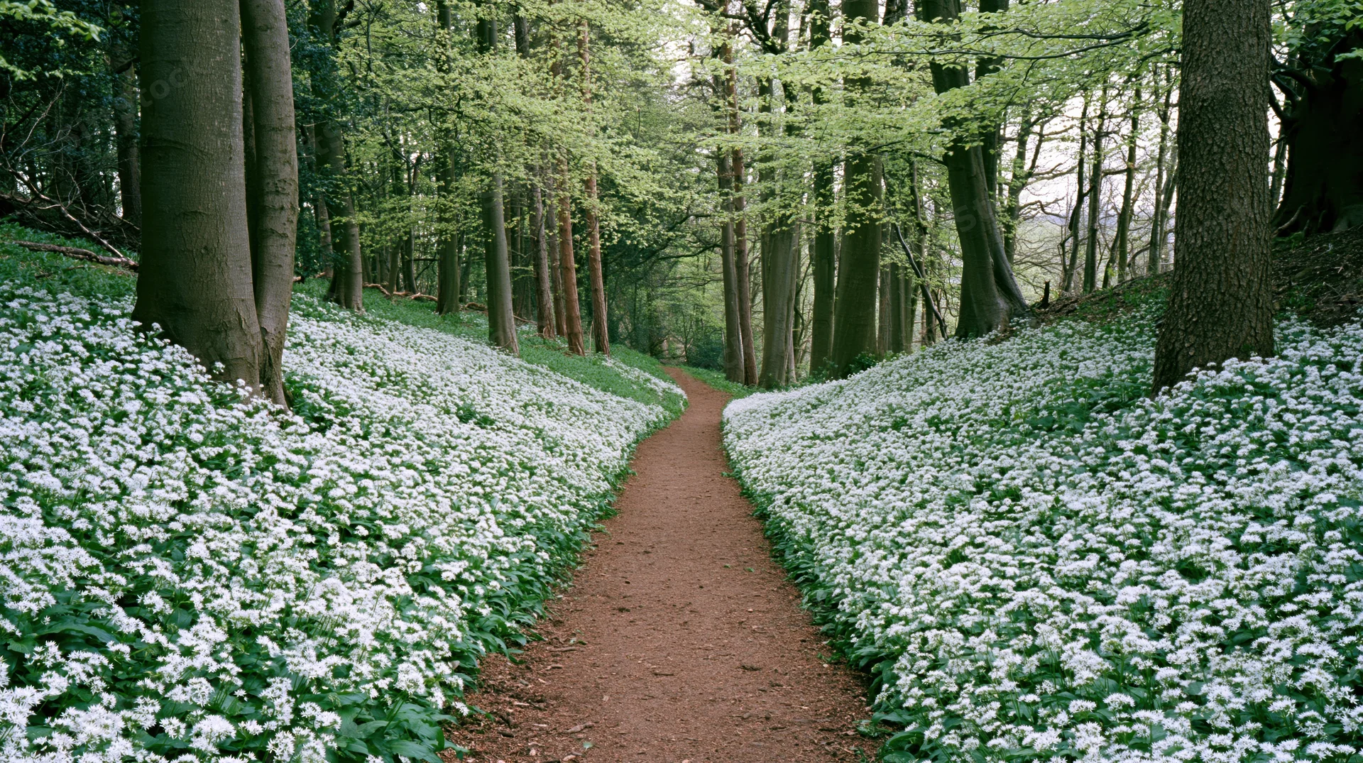 Winding dirt path through a forest carpeted with white spring flowers flanked by tall trees