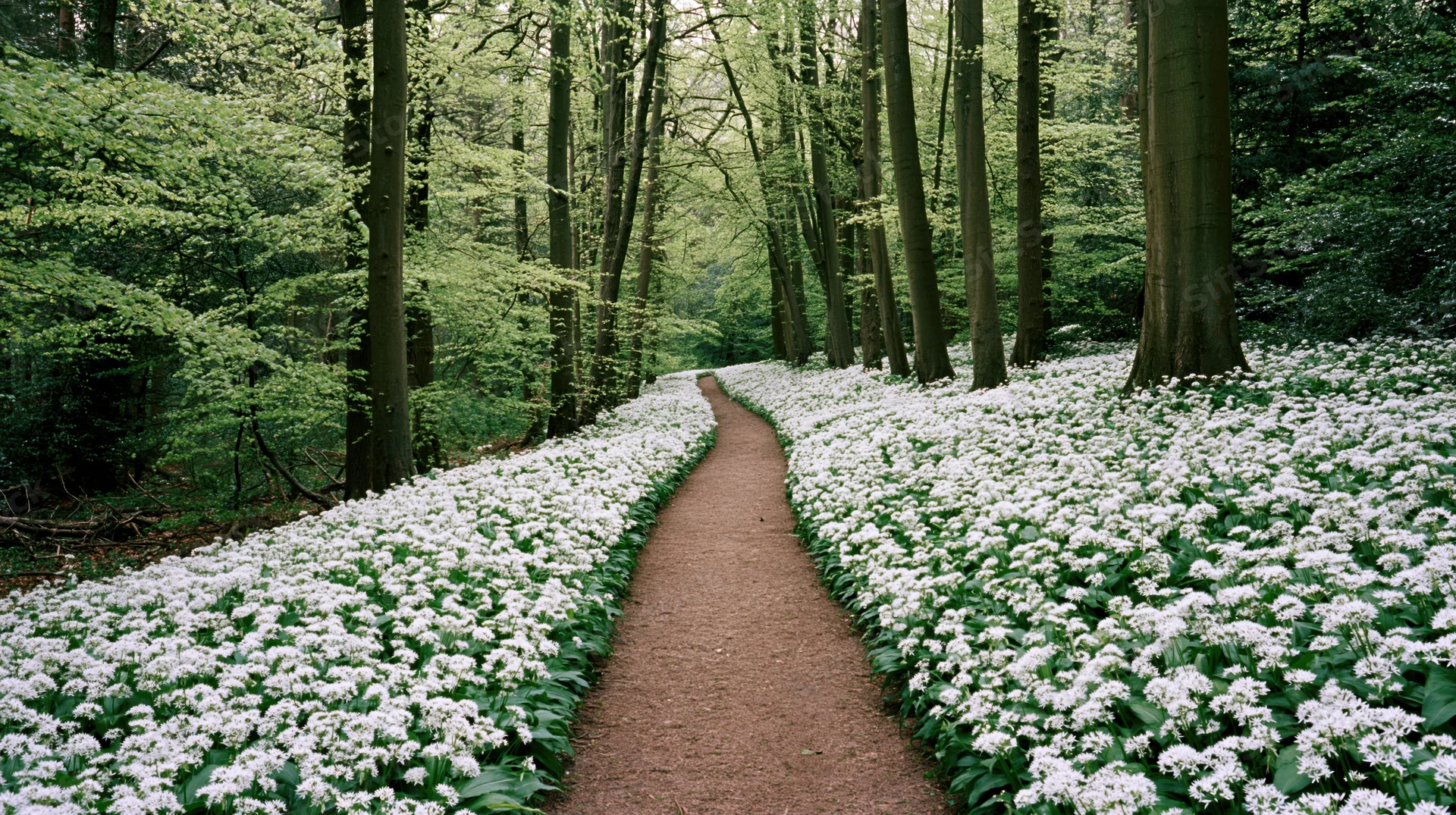 A winding dirt path through a dense forest lined with blooming white wildflowers in spring