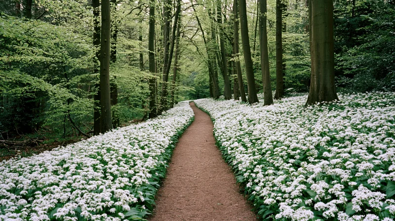 A winding dirt path through a dense forest lined with blooming white wildflowers in spring