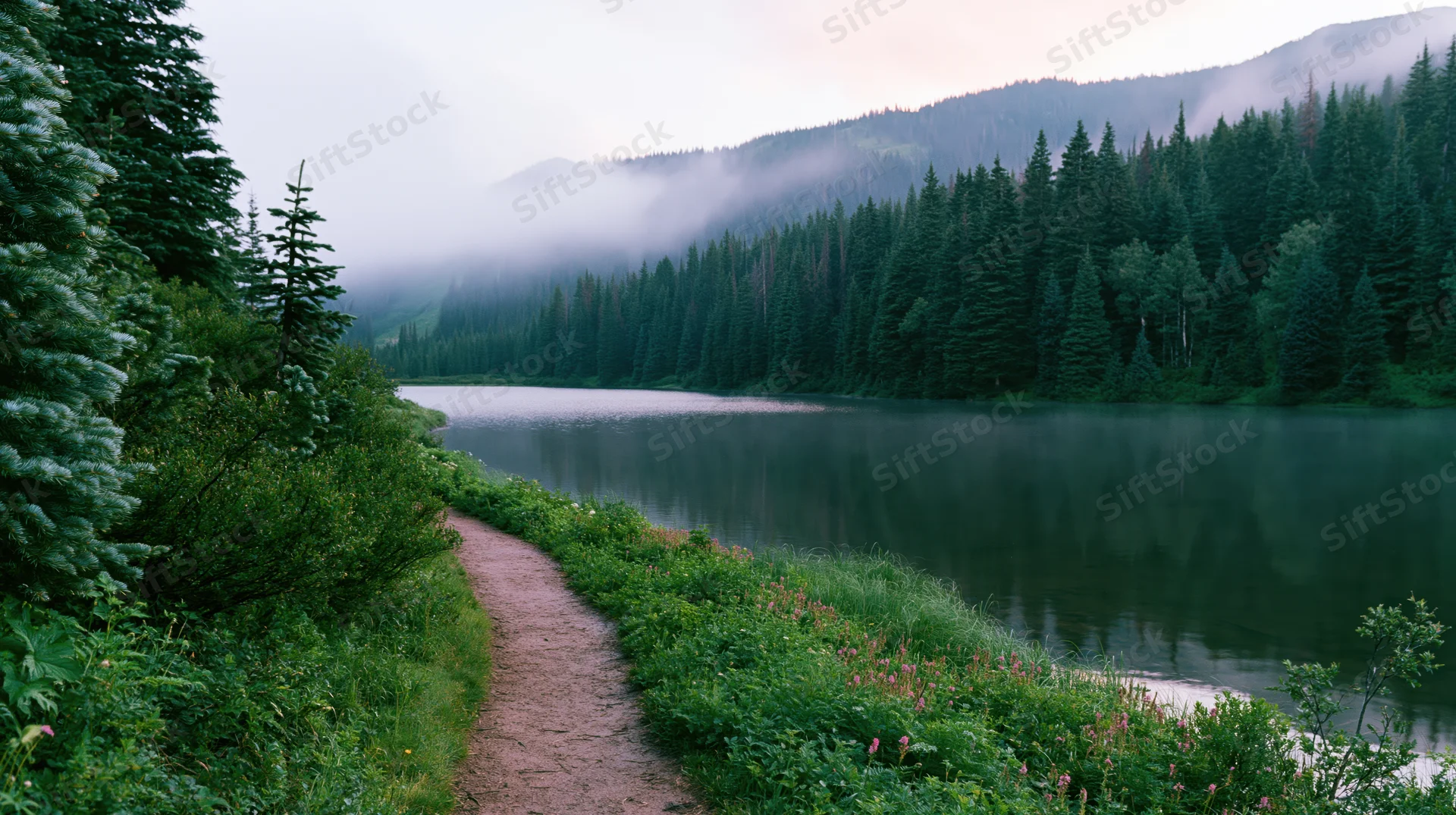 Dirt path winding along a calm lake bordered by evergreen forest and misty mountains at dawn
