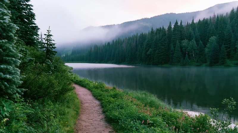 Dirt path winding along a calm lake bordered by evergreen forest and misty mountains at dawn