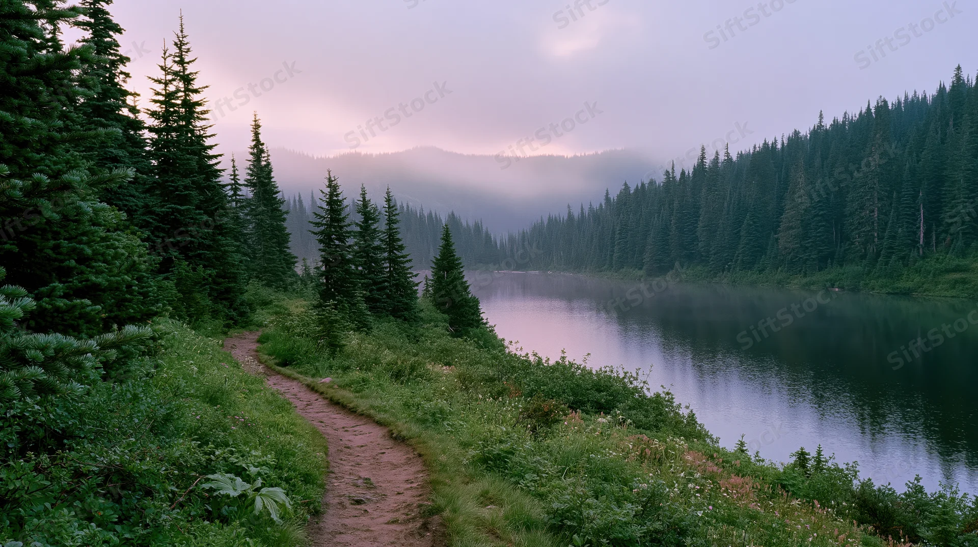 Dirt trail winding along a calm mountain lake surrounded by dense evergreen forest at dusk