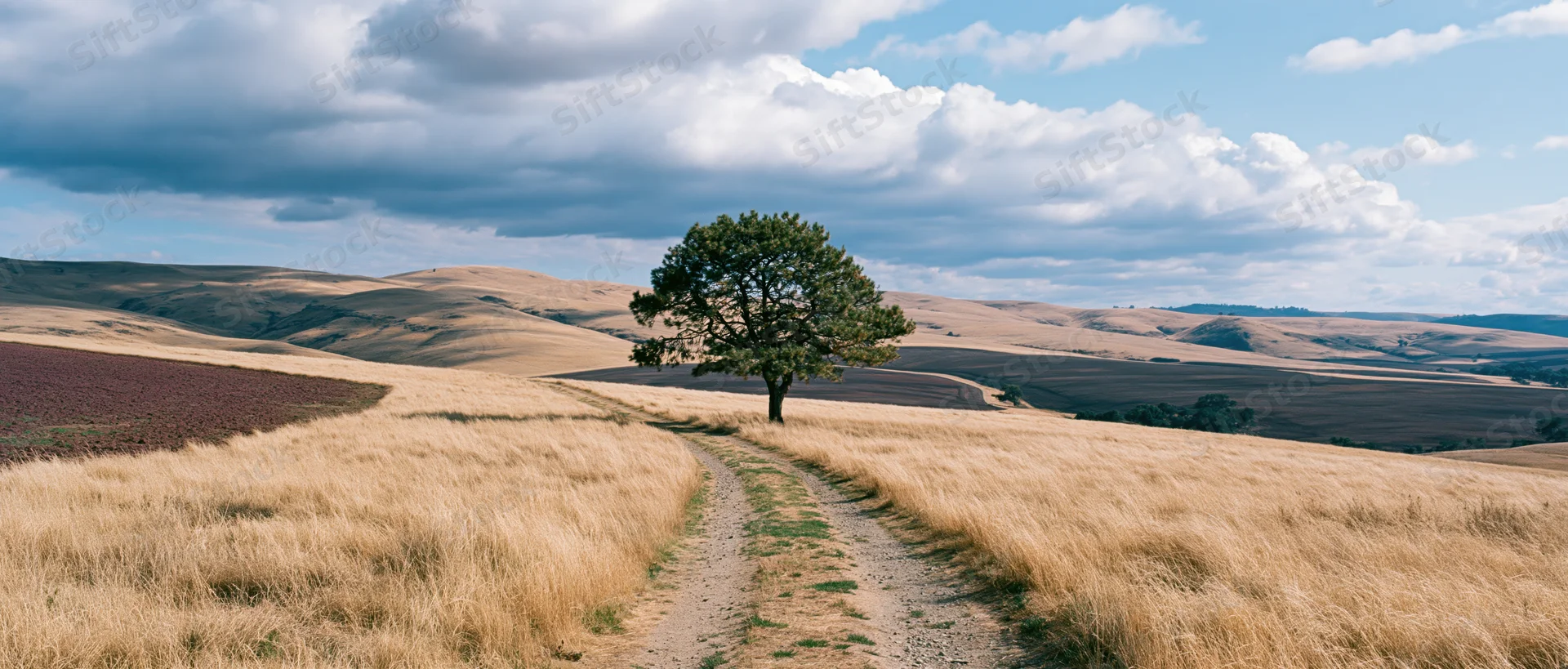 Lone tree standing on a dirt path through golden grass fields under a cloudy sky