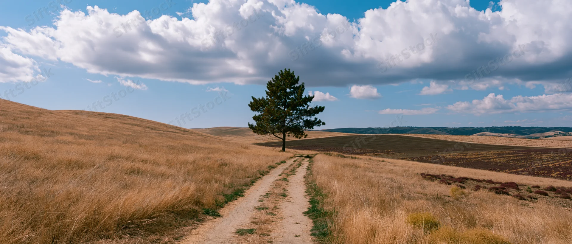 A dirt path winding through golden grassland toward a lone pine tree on a hill under a blue sky with white clouds