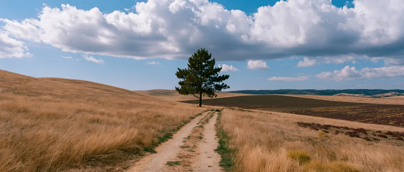 A dirt path winding through golden grassland toward a lone pine tree on a hill under a blue sky with white clouds