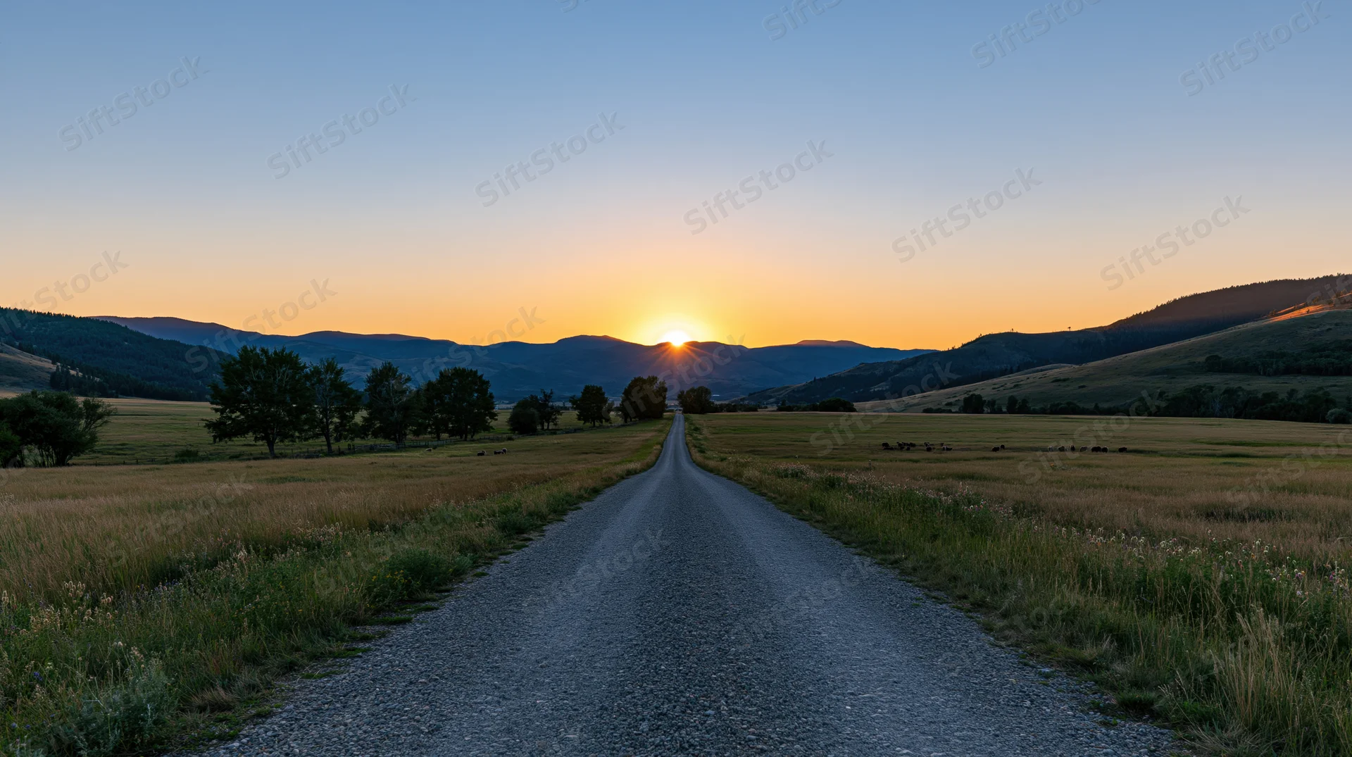 Gravel road stretching through a grassy field toward mountains at sunset