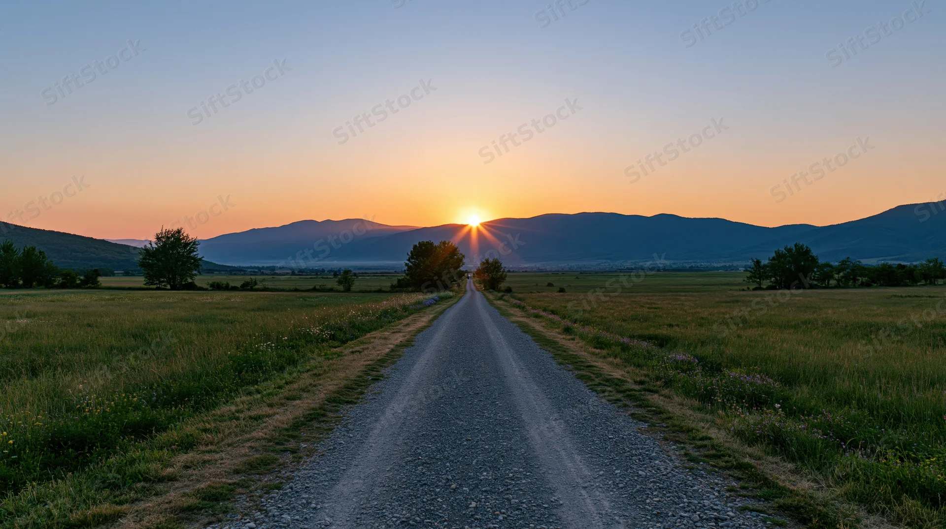 Gravel road stretching toward sunset over mountains in a rural field