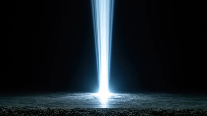Vertical beam of bright blue light shining down onto a dark reflective surface