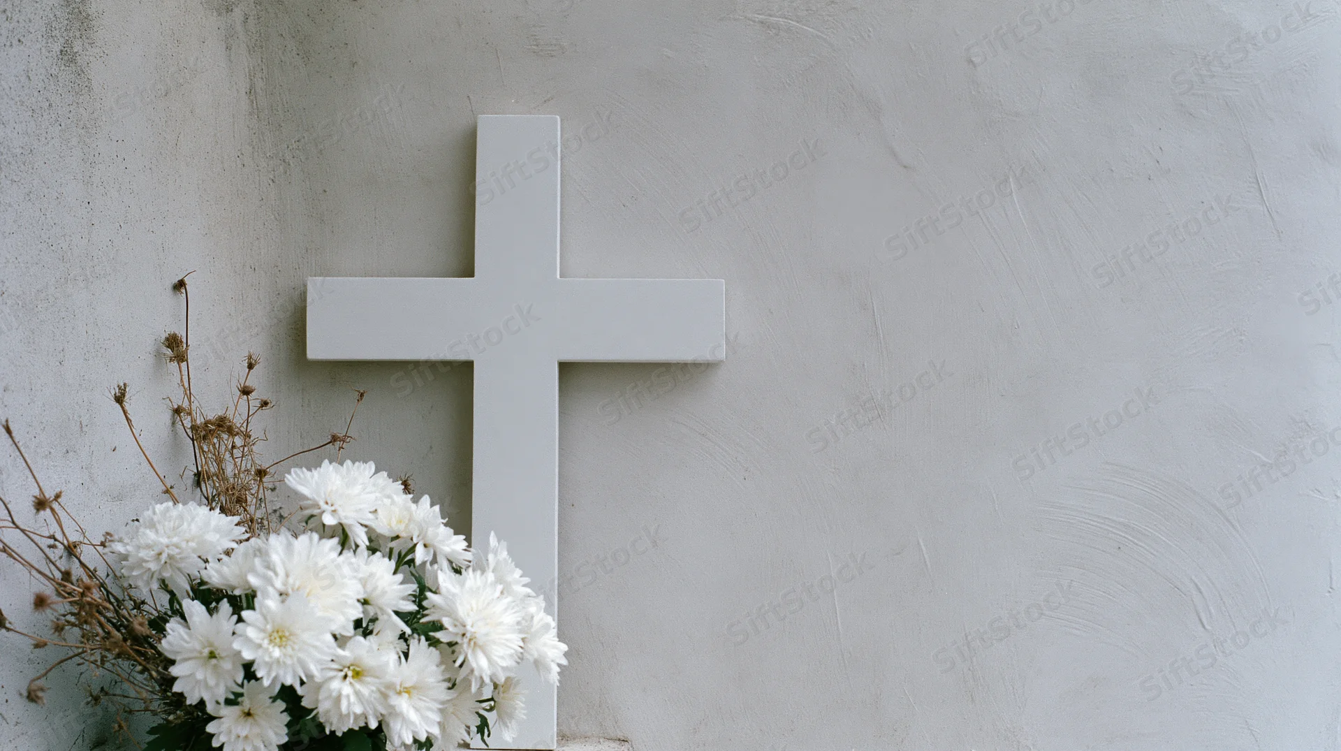 White cross with white chrysanthemums arranged at its base against a concrete wall