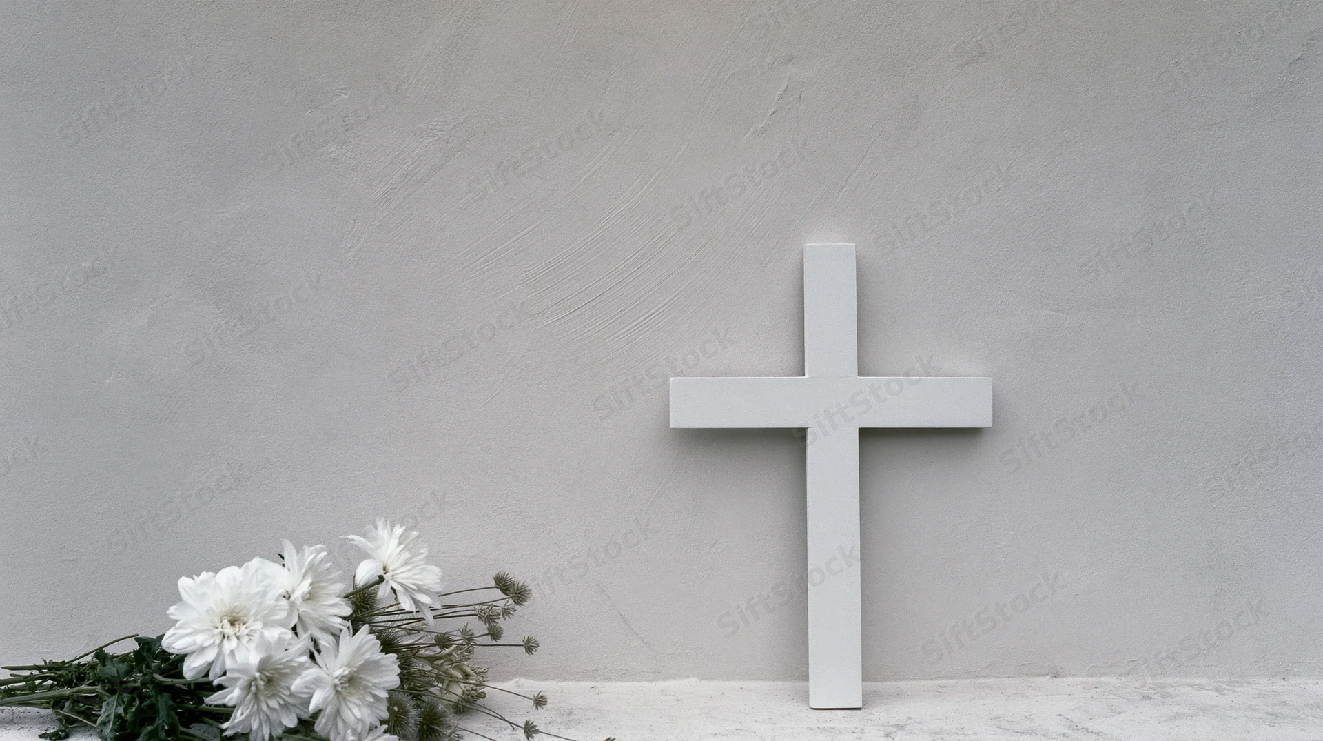 White cross standing beside a bouquet of white chrysanthemums on a concrete wall in a cemetery