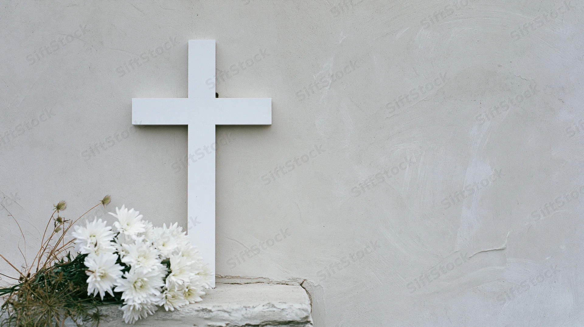 White cross on a stone grave with white chrysanthemums at its base against a plaster wall